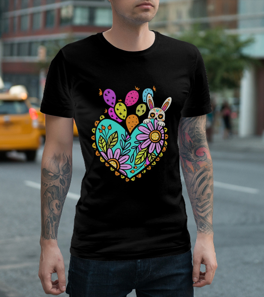 Easter Day Rabbit Holding Heart Sagrado Corazon Floral Bunny Balloons T-Shirt