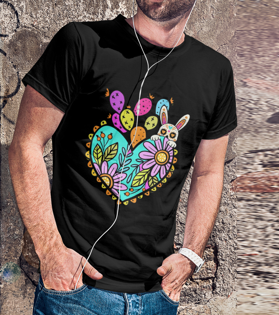 Easter Day Rabbit Holding Heart Sagrado Corazon Floral Bunny Balloons T-Shirt