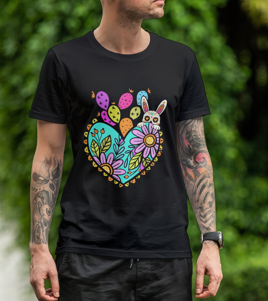 Easter Day Rabbit Holding Heart Sagrado Corazon Floral Bunny Balloons T-Shirt