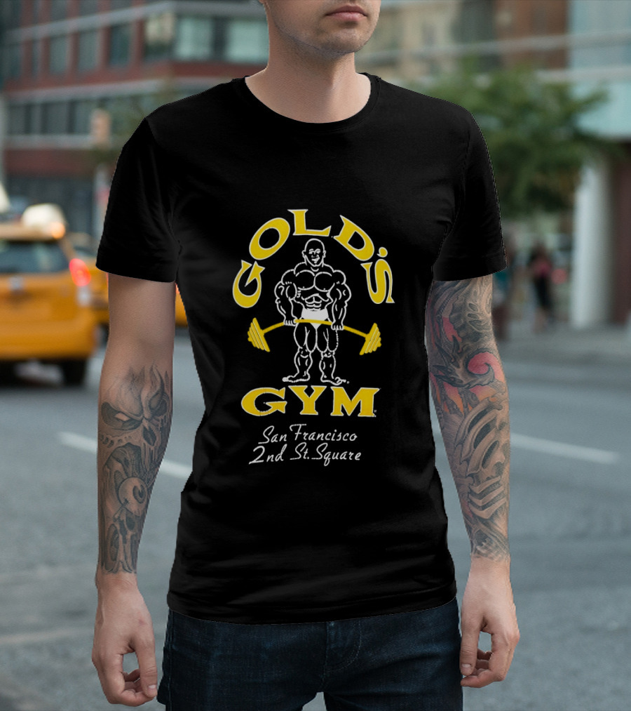 Gold's Gym San Francisco 2nd St Square Bodybuilder With Barbell T-Shirt