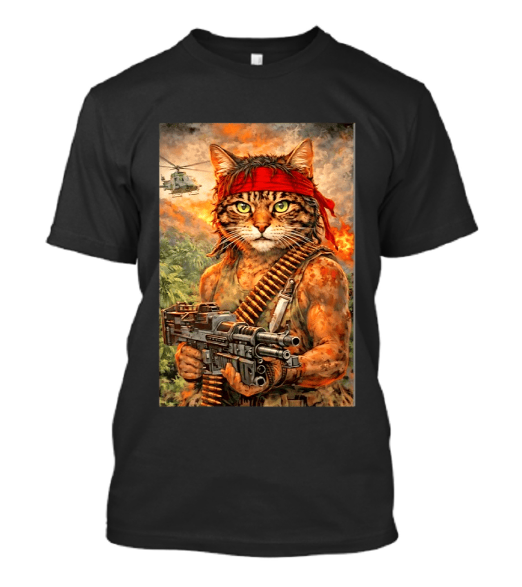 Rambo Cat With MG 3 Gun On Battlefield With Helicopter And Jungle Backdrop T-Shirt