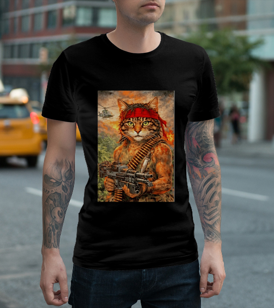 Rambo Cat With MG 3 Gun On Battlefield With Helicopter And Jungle Backdrop T-Shirt