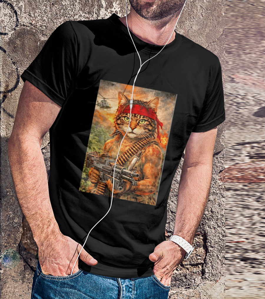 Rambo Cat With MG 3 Gun On Battlefield With Helicopter And Jungle Backdrop T-Shirt