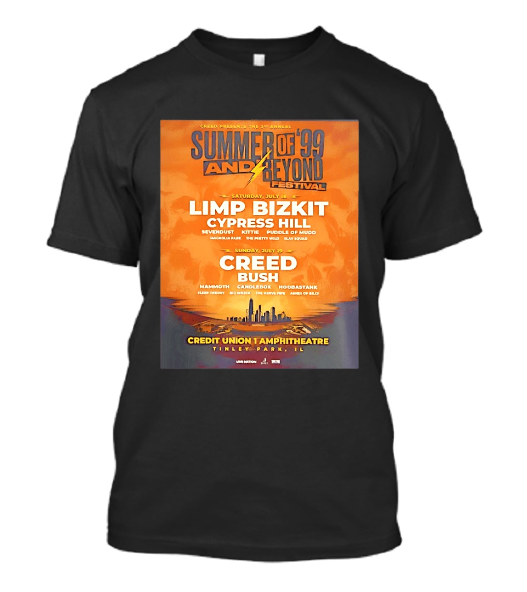 Creed Presents Summer Of '99 And Beyond Festival 2026 Full Lineup With Limp Bizkit And Creed At Credit Union Amphitheatre Tinley Park Illinois T-Shirt