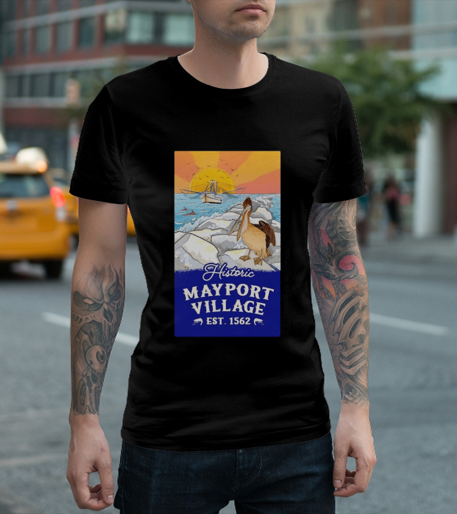 Historic Mayport Village EST 1562 Ocean Sunrise Pelican And Fishing Boat T-Shirt