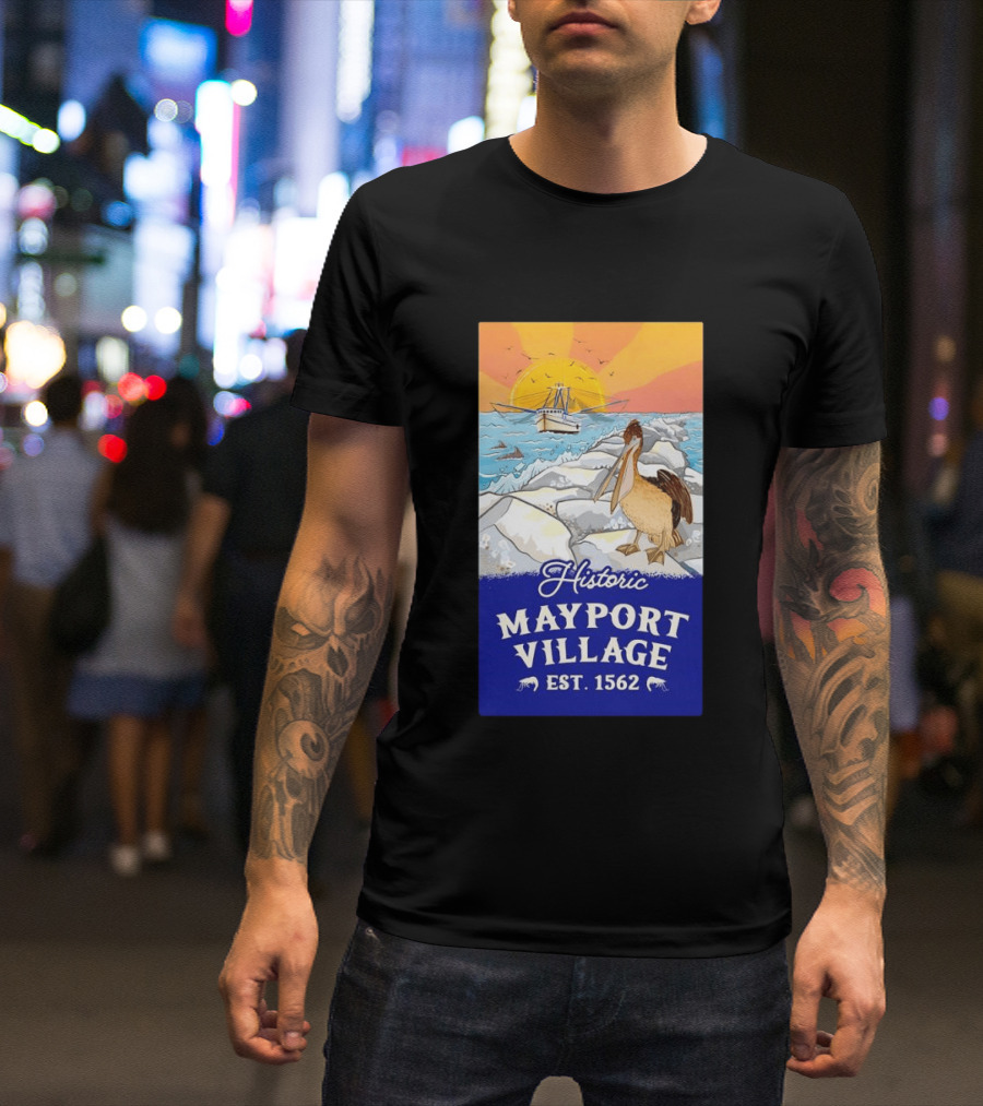 Historic Mayport Village EST 1562 Ocean Sunrise Pelican And Fishing Boat T-Shirt