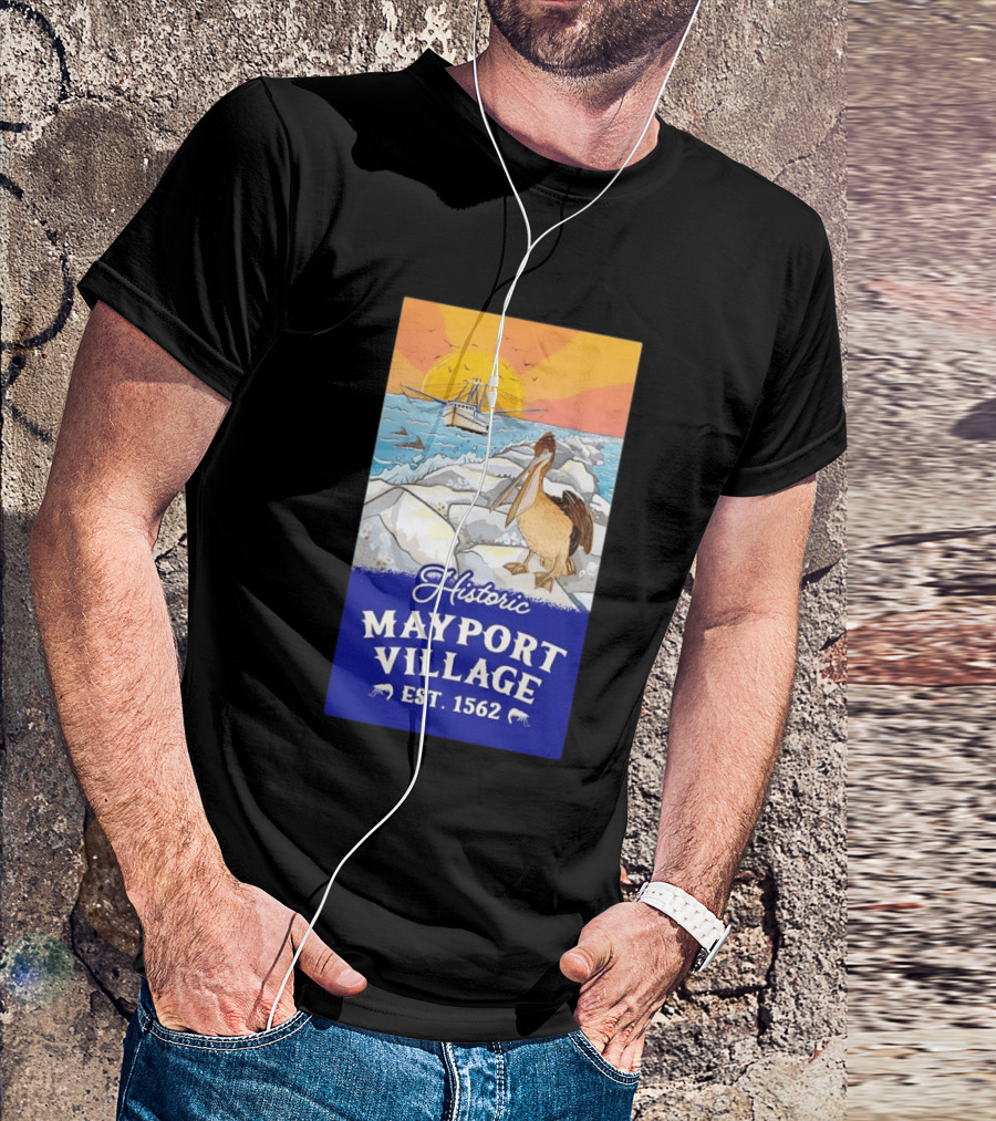 Historic Mayport Village EST 1562 Ocean Sunrise Pelican And Fishing Boat T-Shirt
