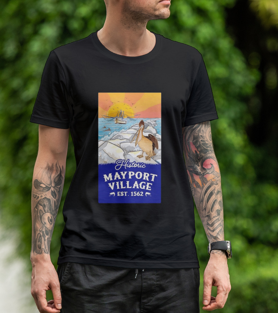 Historic Mayport Village EST 1562 Ocean Sunrise Pelican And Fishing Boat T-Shirt