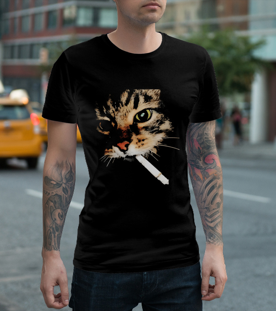Cat Smoking Big Head Meme Artfully Distorted Feline Expression T-Shirt