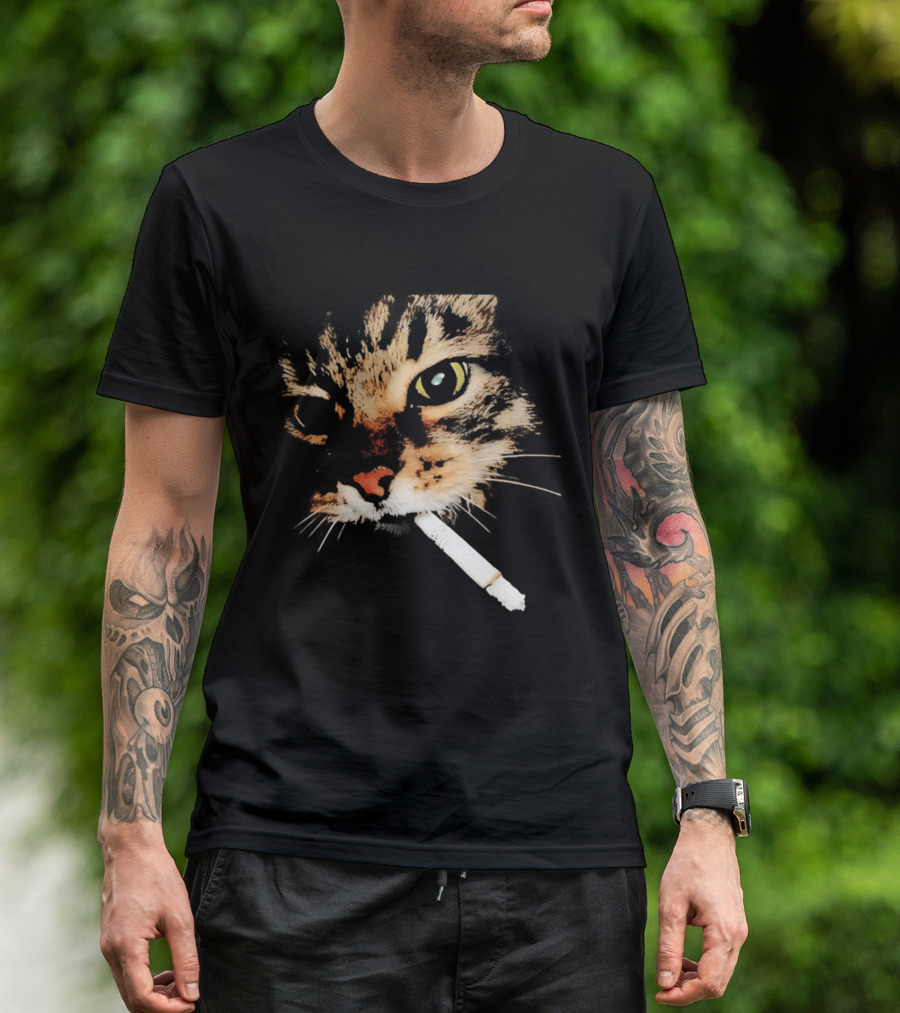 Cat Smoking Big Head Meme Artfully Distorted Feline Expression T-Shirt