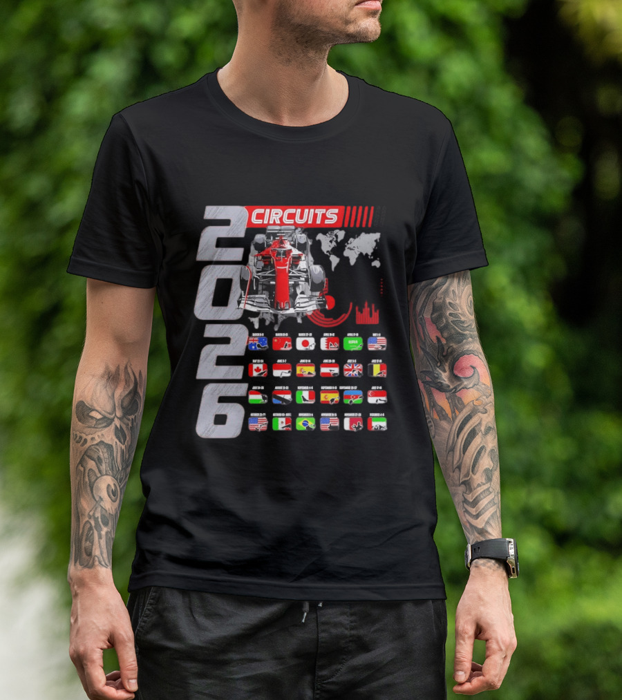 2026 Formula Racing Car Circuit Calendar With Country Flags T-Shirt