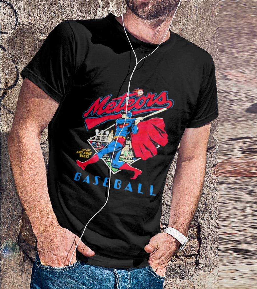 Meteors Baseball Superhero Swinging Bat Power City Stadium Iconic Comic T-Shirt