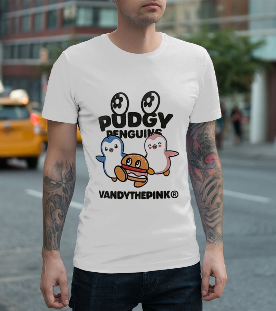 Pudgy Penguins Vandythepink With Burger Chibi Characters T-Shirt