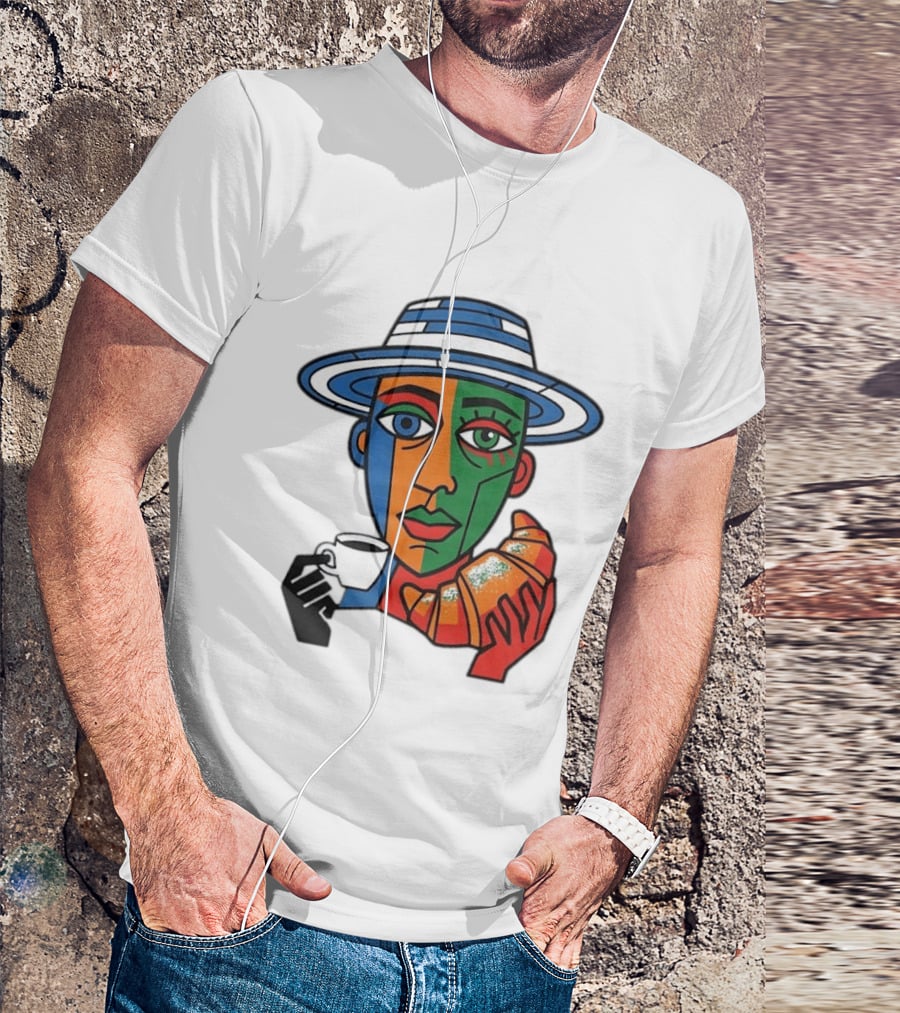 Cubist Coffee Drinker With Hat And Croissant T-Shirt