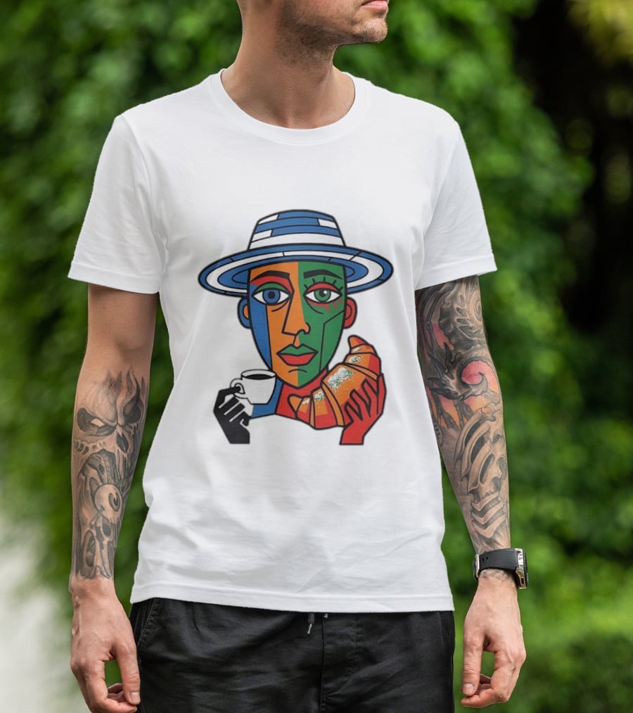 Cubist Coffee Drinker With Hat And Croissant T-Shirt