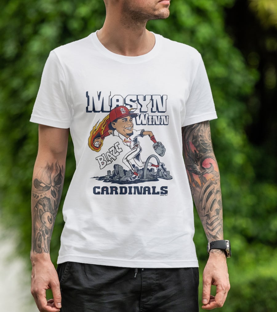 St. Louis Cardinals Masyn Winn Blaze Arch Skyline Caricature T-Shirt