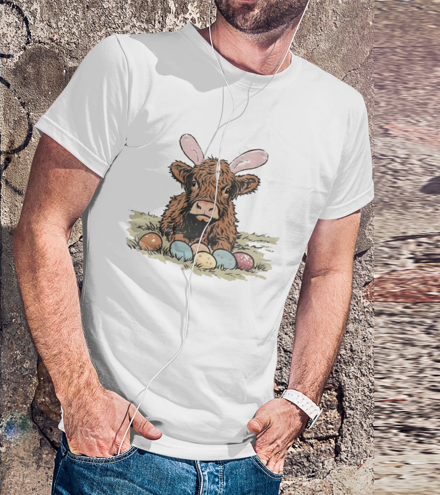 Highland Cow With Easter Eggs And Bunny Ears Easter Day 2026 T-Shirt