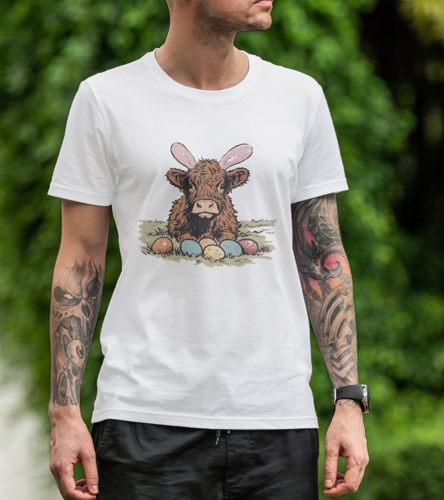 Highland Cow With Easter Eggs And Bunny Ears Easter Day 2026 T-Shirt