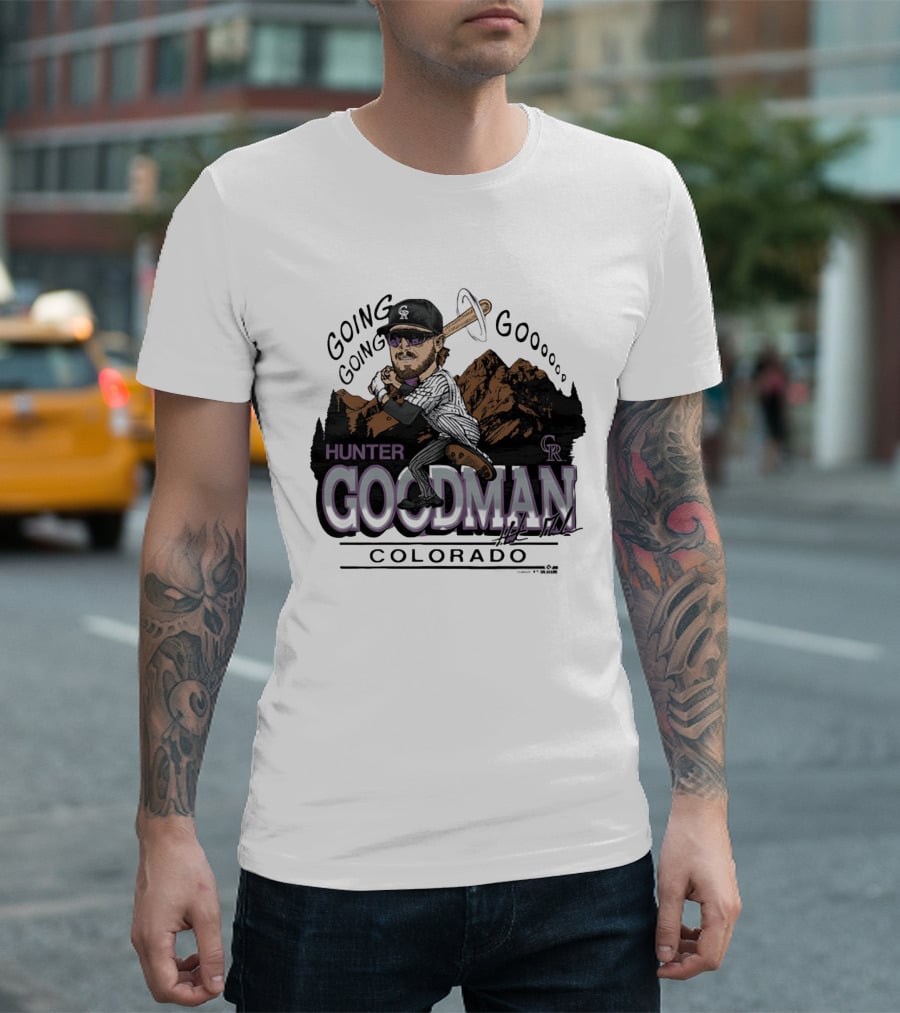 Hunter Goodman Going Going Going Colorado Rockies Caricature T-Shirt