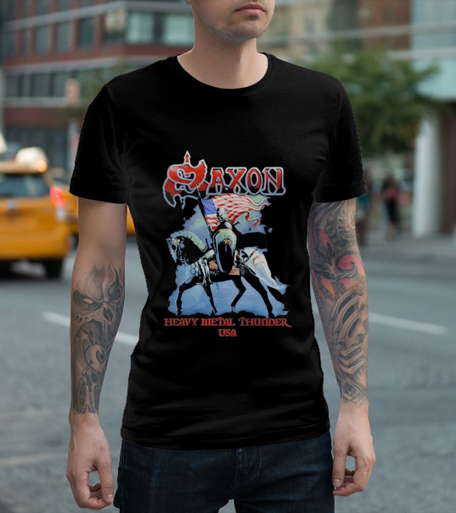 Saxon Heavy Metal Knight With American Flag USA T-Shirt