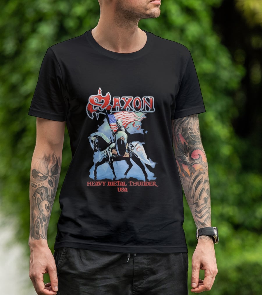 Saxon Heavy Metal Knight With American Flag USA T-Shirt