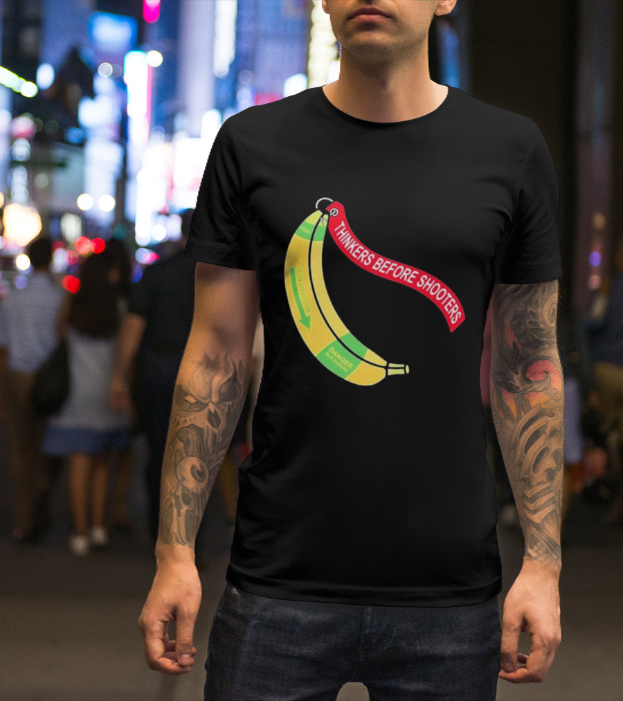 Thinkers Before Shooters John Jackson Banana Warning Peel Open Direction T-Shirt