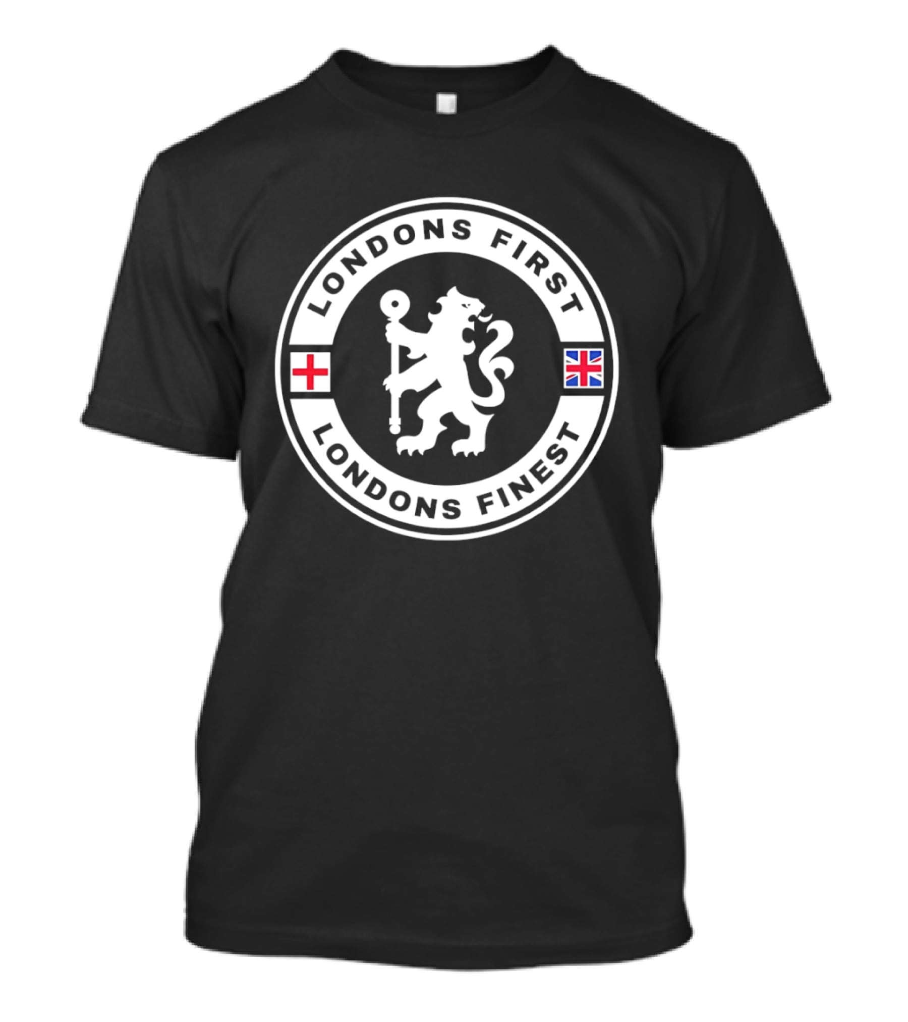 London's First London's Finest Lion Emblem Red And Blue Flags T-Shirt