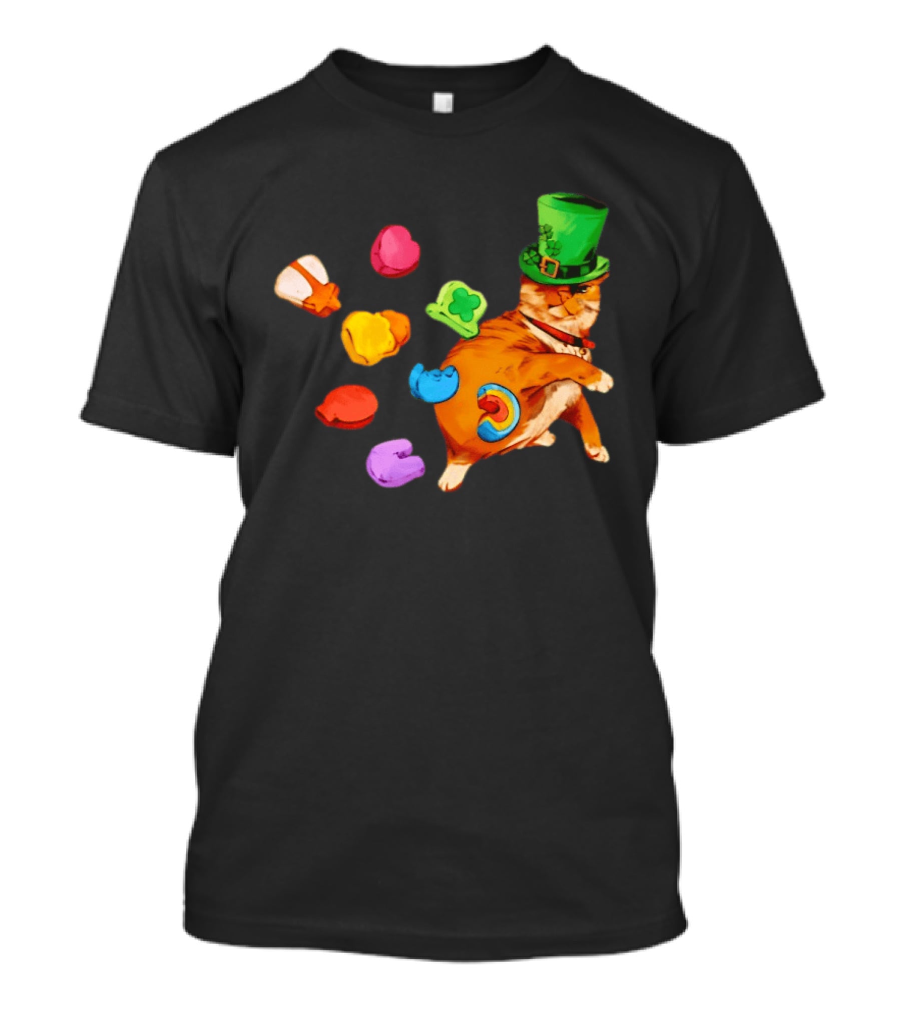 Lucky Cat With Green Clover Hat And Multicolored Elements St Patrick's Day T-Shirt