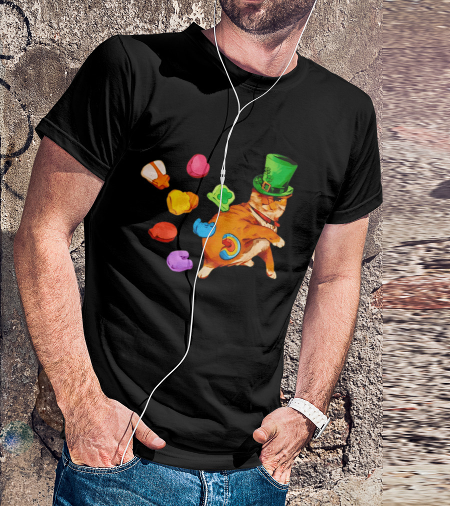 Lucky Cat With Green Clover Hat And Multicolored Elements St Patrick's Day T-Shirt
