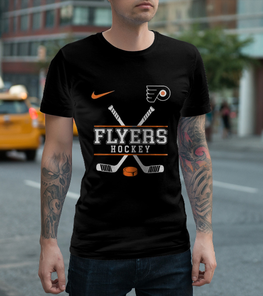 Philadelphia Flyers Nike Hockey Crossed Sticks And Puck T-Shirt