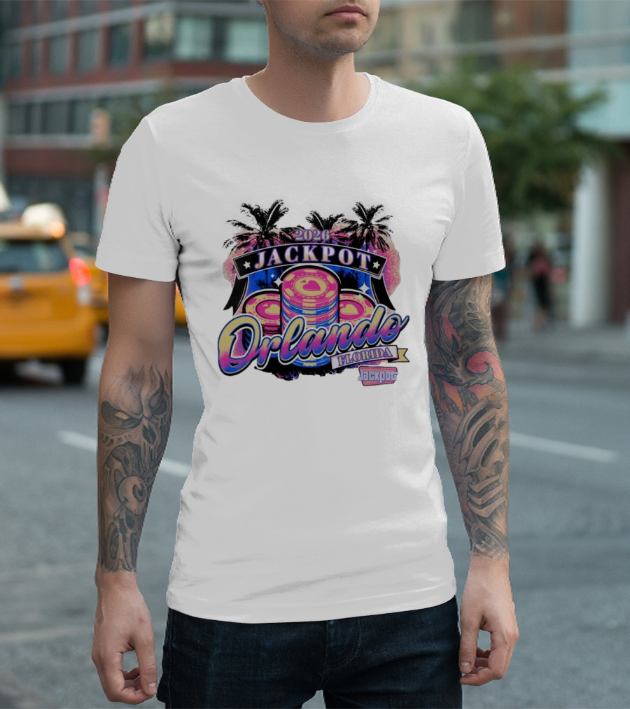2026 Jackpot Orlando Florida Event With Palm Trees And Poker Chips T-Shirt