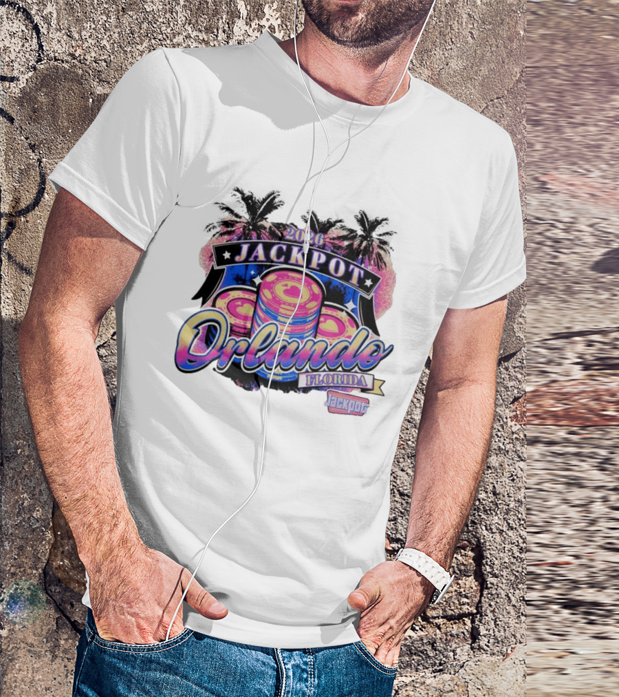 2026 Jackpot Orlando Florida Event With Palm Trees And Poker Chips T-Shirt