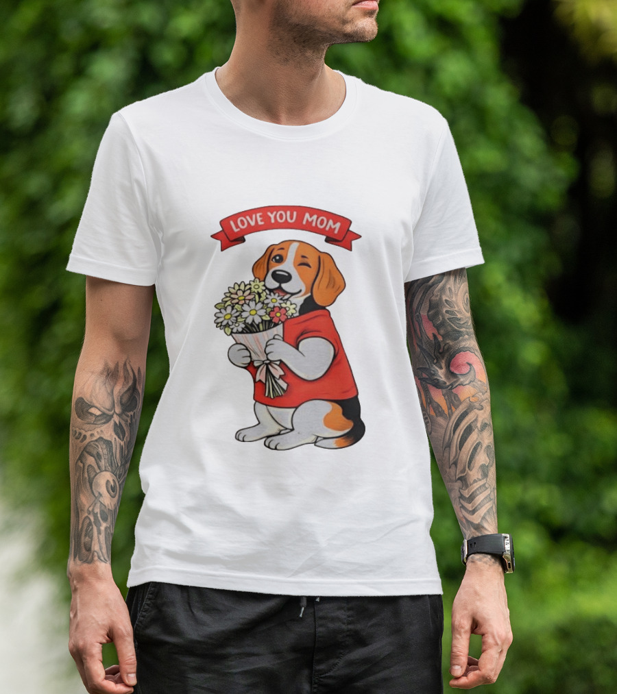 Love You Mom Beagle Holding Flowers Bouquet T-Shirt