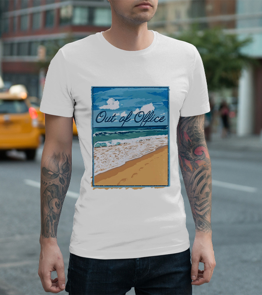 Out Of Office Beach Painting Photo 2025 Blue Sky Ocean Waves Sand T-Shirt
