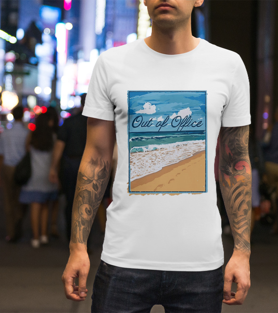 Out Of Office Beach Painting Photo 2025 Blue Sky Ocean Waves Sand T-Shirt