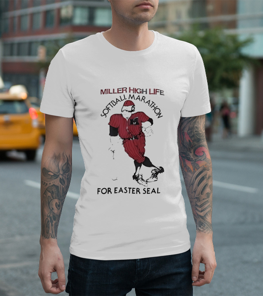 Miller High Life Softball Marathon For Easter Seal Player In Red Uniform T-Shirt