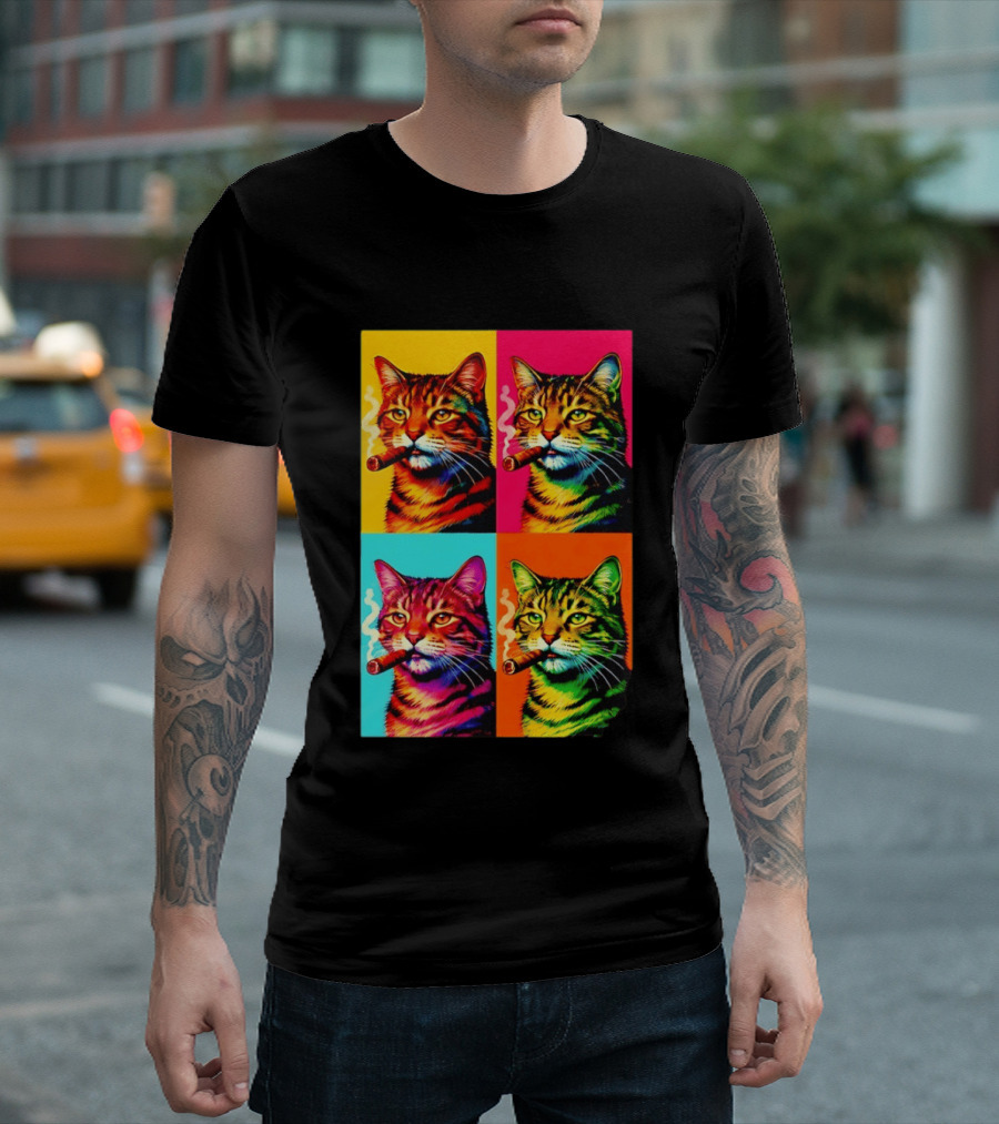 Pop Art Cat Smoking Cigar Colorful Comic T-Shirt