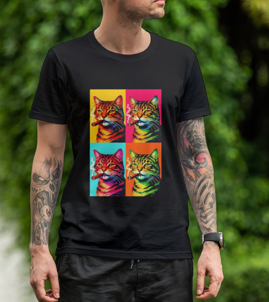 Pop Art Cat Smoking Cigar Colorful Comic T-Shirt