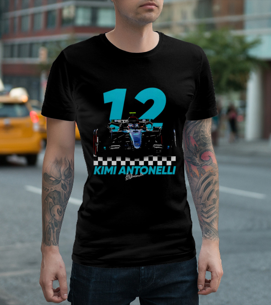 Kimi Antonelli 12 Formula One Racing Car With Checkered Flag T-Shirt
