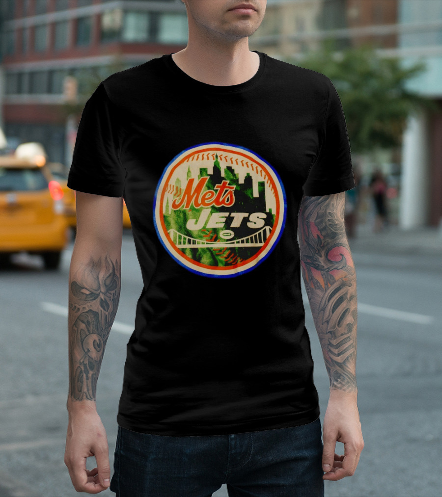 New York Mets Jets Football Baseball Crossover Skyline Bridge T-Shirt