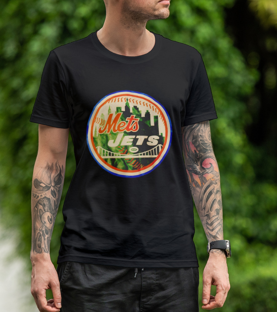 New York Mets Jets Football Baseball Crossover Skyline Bridge T-Shirt