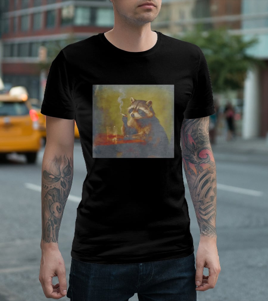 Sad Raccoon Smoking Cigarette And Drinking Whiskey Scene T-Shirt