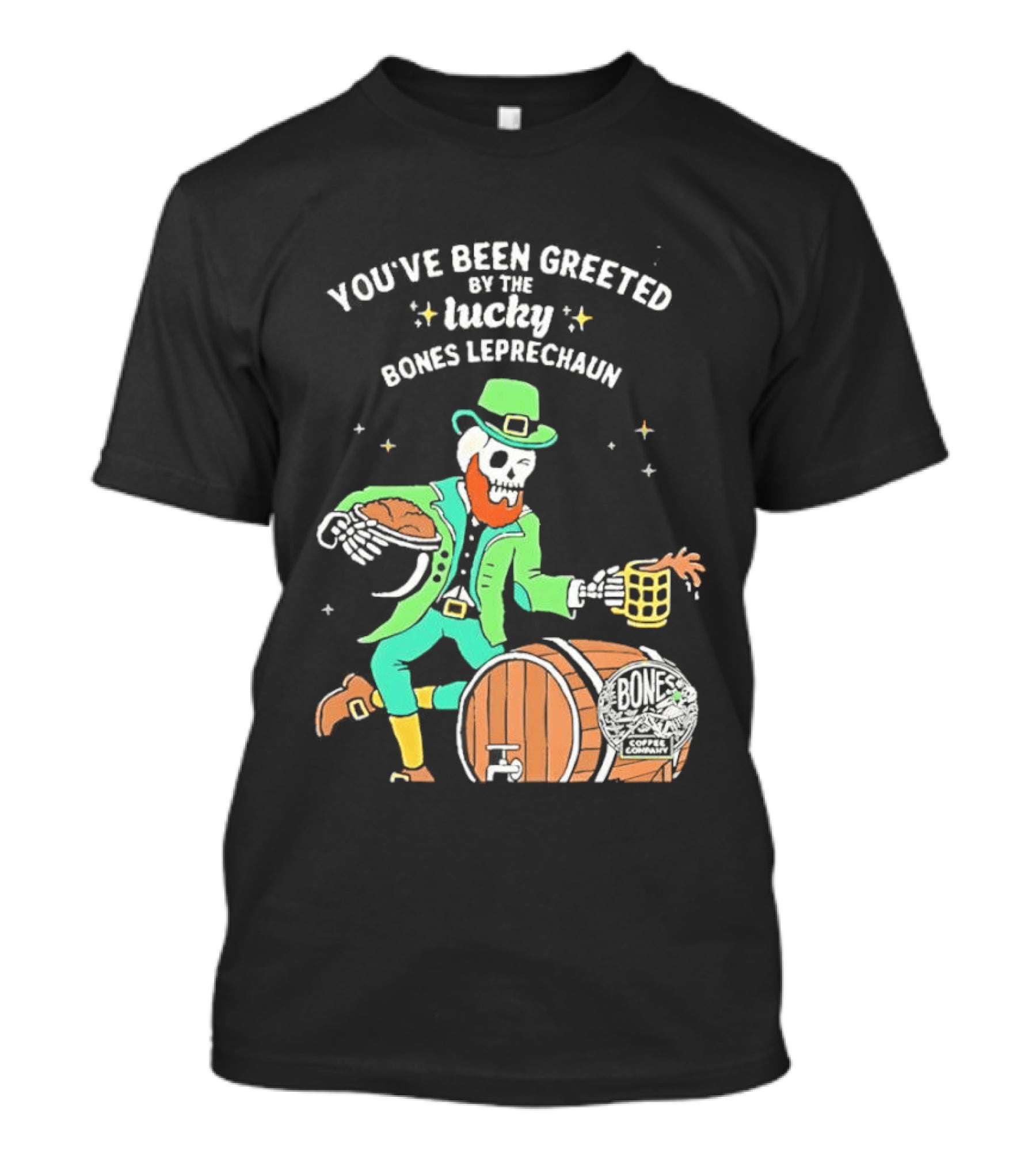 Lucky Bones Leprechaun With Beer And Barrel Celebration T-Shirt