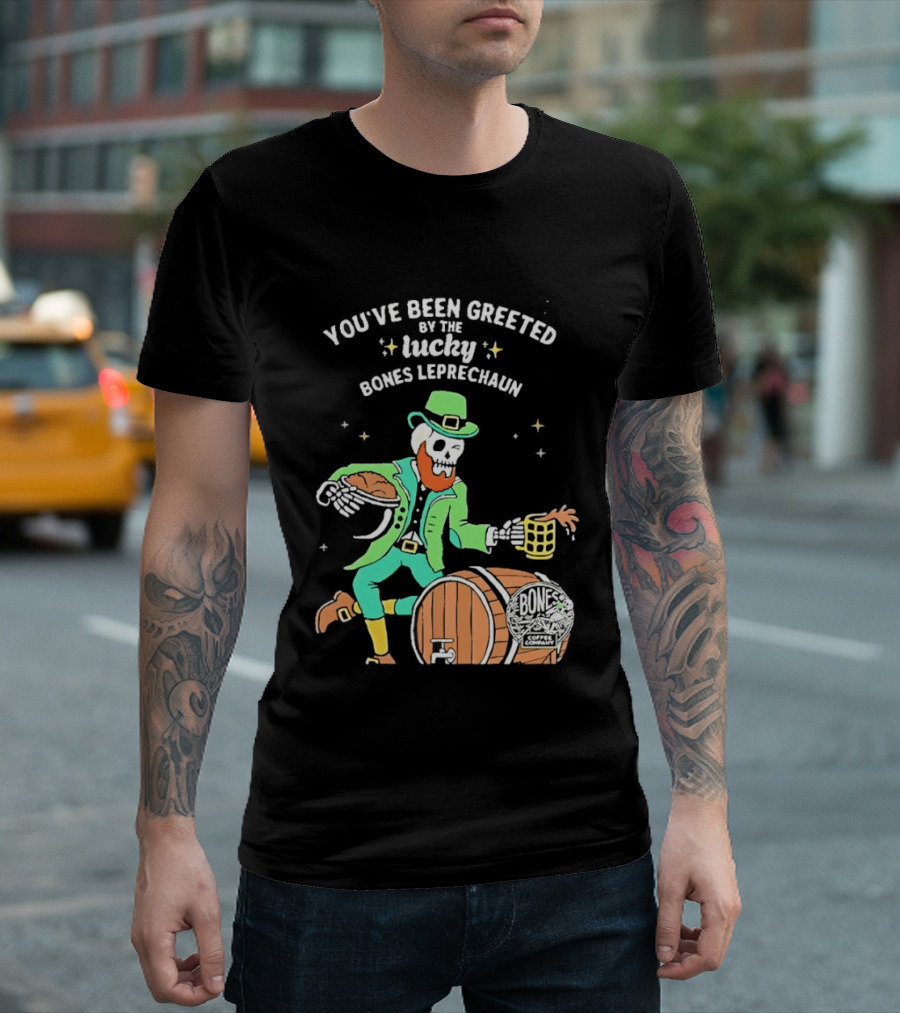 Lucky Bones Leprechaun With Beer And Barrel Celebration T-Shirt