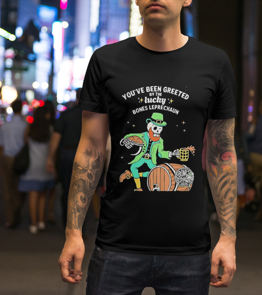 Lucky Bones Leprechaun With Beer And Barrel Celebration T-Shirt