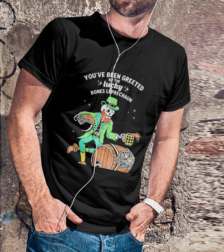 Lucky Bones Leprechaun With Beer And Barrel Celebration T-Shirt