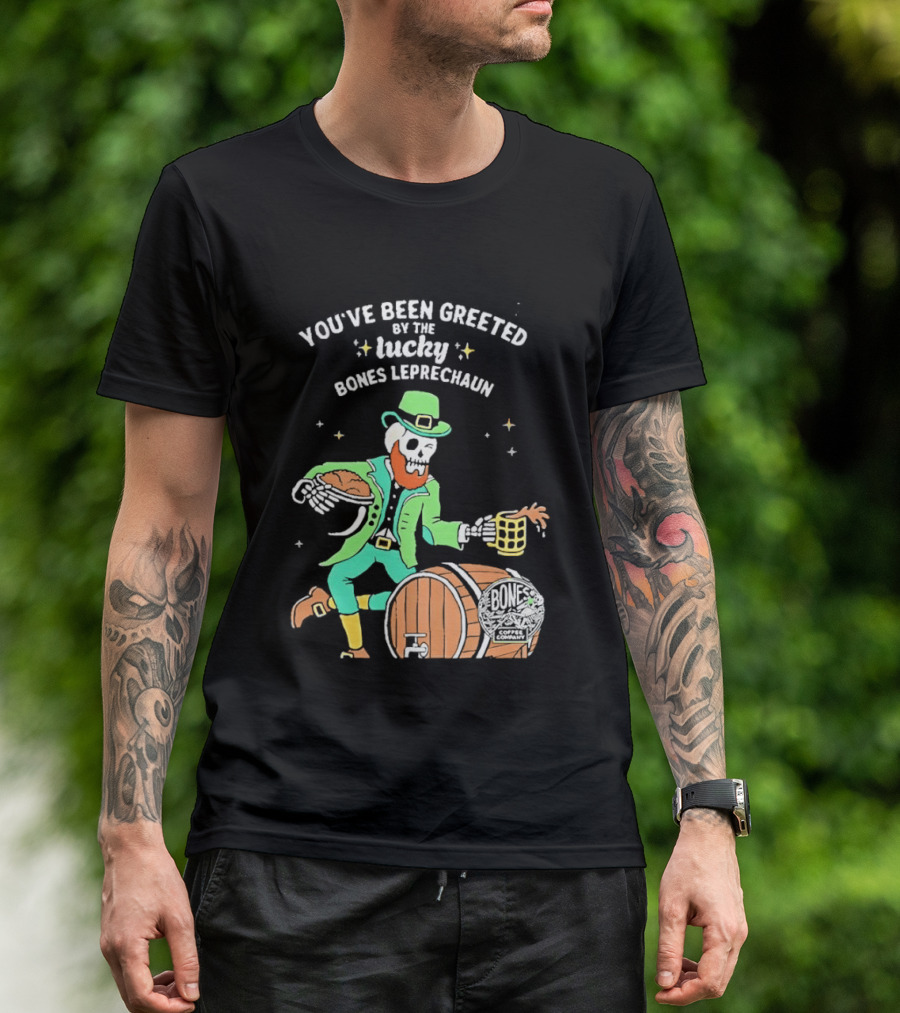 Lucky Bones Leprechaun With Beer And Barrel Celebration T-Shirt