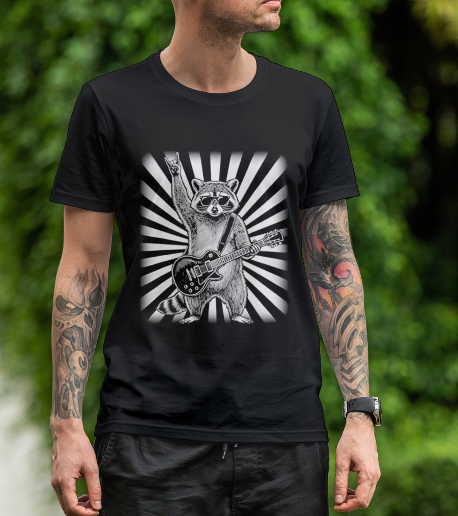 Raccoon With Guitar Rocking Out Retro Style Starburst T-Shirt