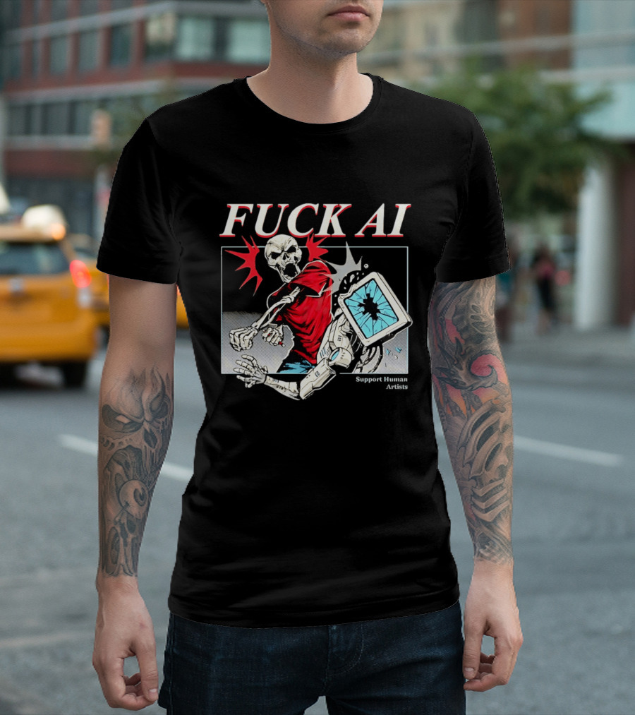 Skeleton Punch Robot Fuck AI Support Human Artists T-Shirt