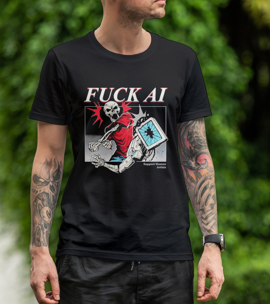 Skeleton Punch Robot Fuck AI Support Human Artists T-Shirt